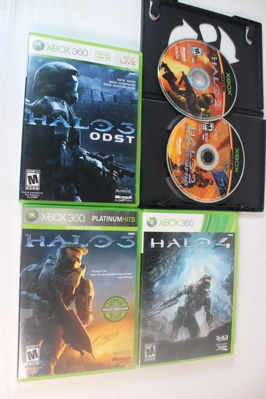 4 games Lot: Halo 2 W/ Map Pack, Halo 3, Halo 3 ODST, Halo 4 (Xbox/ Xbox 360)